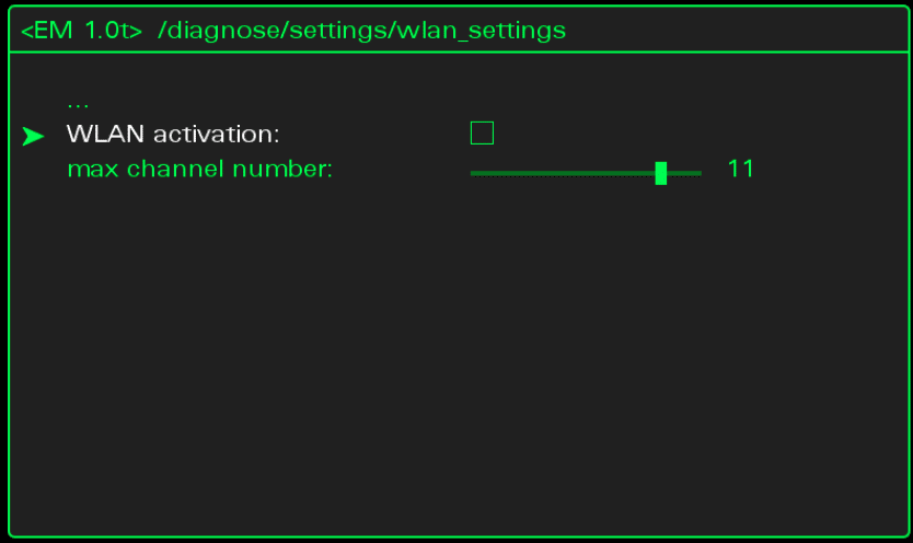 Hidden Green Menu > diagnose > settings > wlan_settings