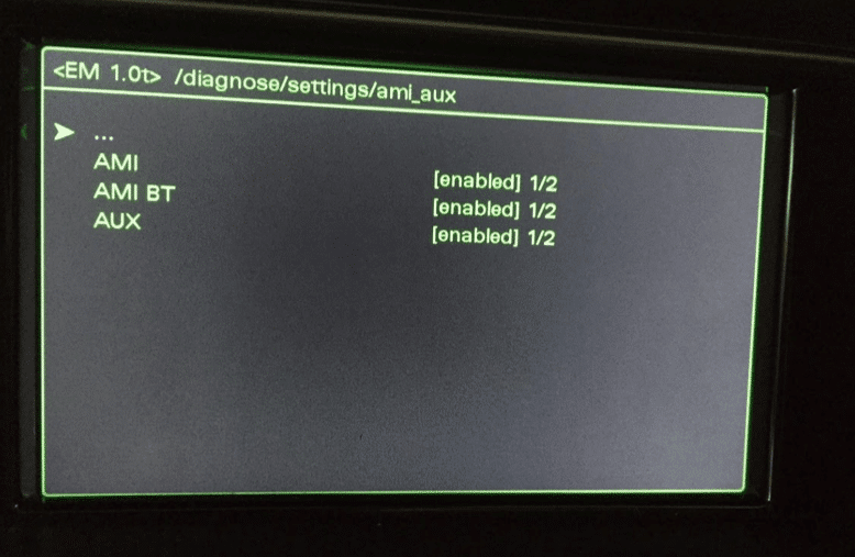 Hidden Green Menu > diagnose > settings > ami_aux